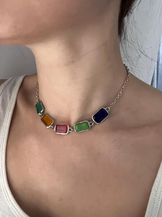 Family birthstone necklace, fused glass multi drop necklace, colorful chunky necklace, statement jewelry, gift for mom, bohemian necklace