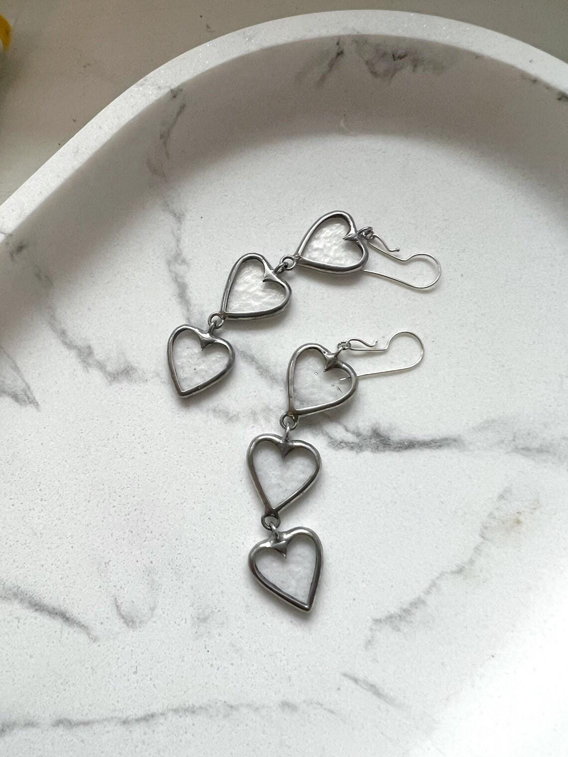 Stained Glass Heart Dangle Earrings: 925 Silver Hooks, Romantic Jewelry
