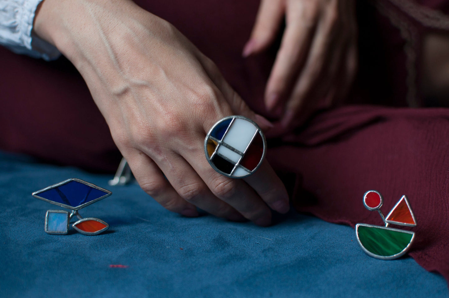 Piet mondrian ring, statement geometric ring, colorful art glass jewelry, large circle ring, stained glass chunky ring, gift for artist