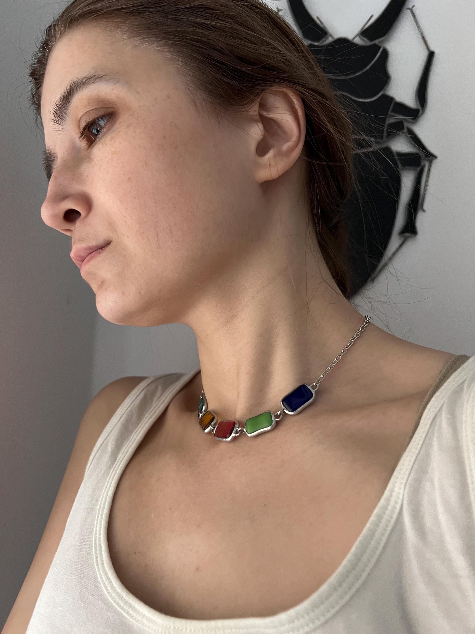 Fused Glass Birthstone Necklace: Multicolor Family Choker