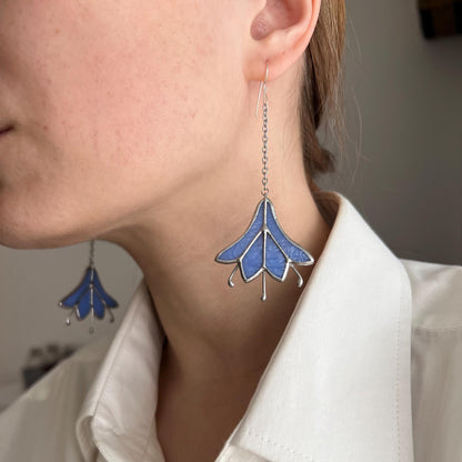 Unique dangling flower earrings, stained glass bluebell jewelry, long chain earrings, botanical artsy earrings, nature jewelry, women gift