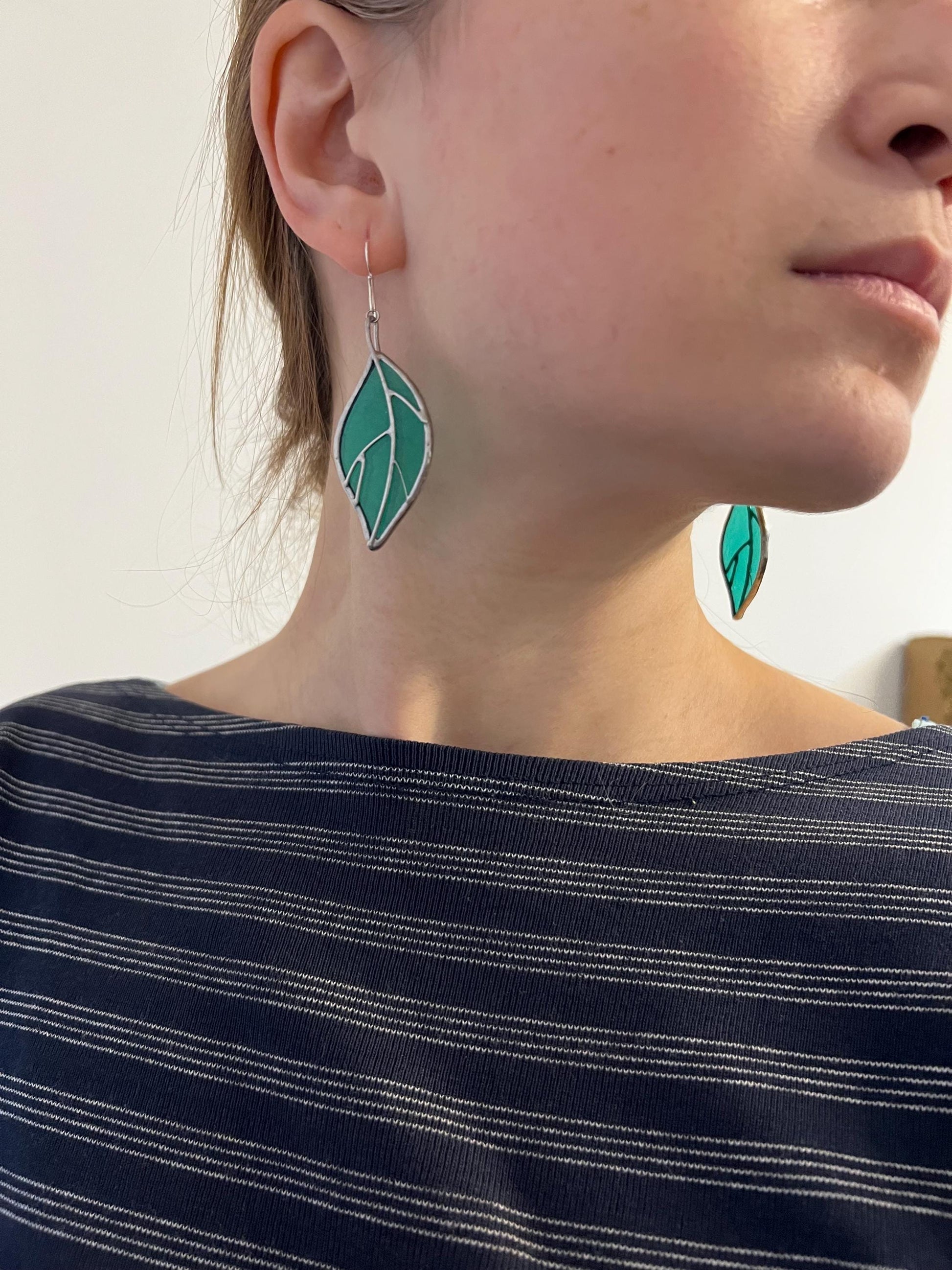 Nature theme stained glass earrings, green leaf earrings, long dangle earrings, spring botanical jewelry, forest earrings, birthday gift