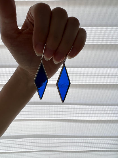 Blue Stained Glass Rhombus Earrings: Geometric Modern Dangle Jewelry