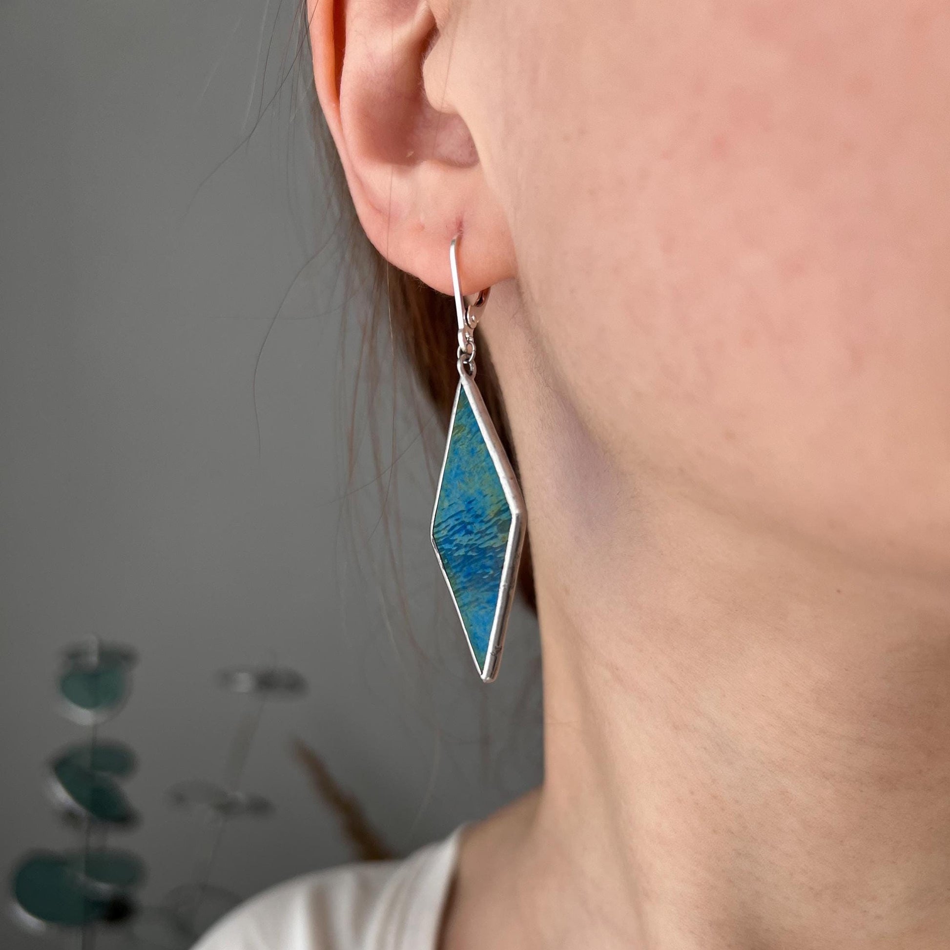 Blue rhombus earrings, long stained glass statement earrings, geometric jewelry, modern earrings for women, gift for wife, festival earrings
