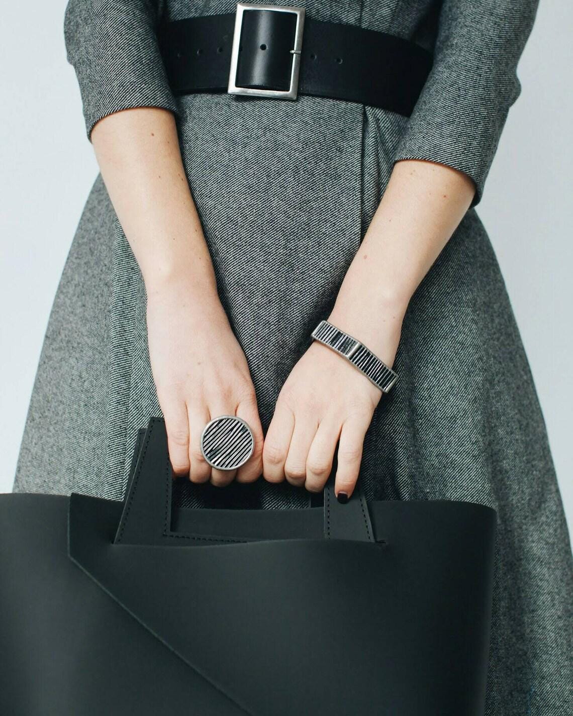 Black Stained Glass Ring: Chunky Gothic Geometric Statement Jewelry