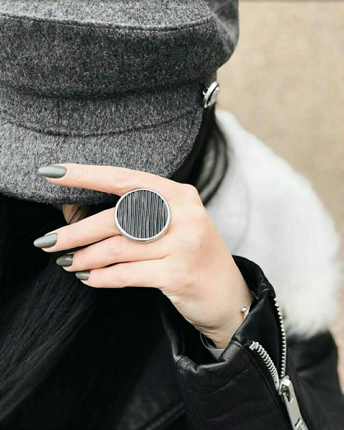 Black Stained Glass Ring: Chunky Gothic Geometric Statement Jewelry