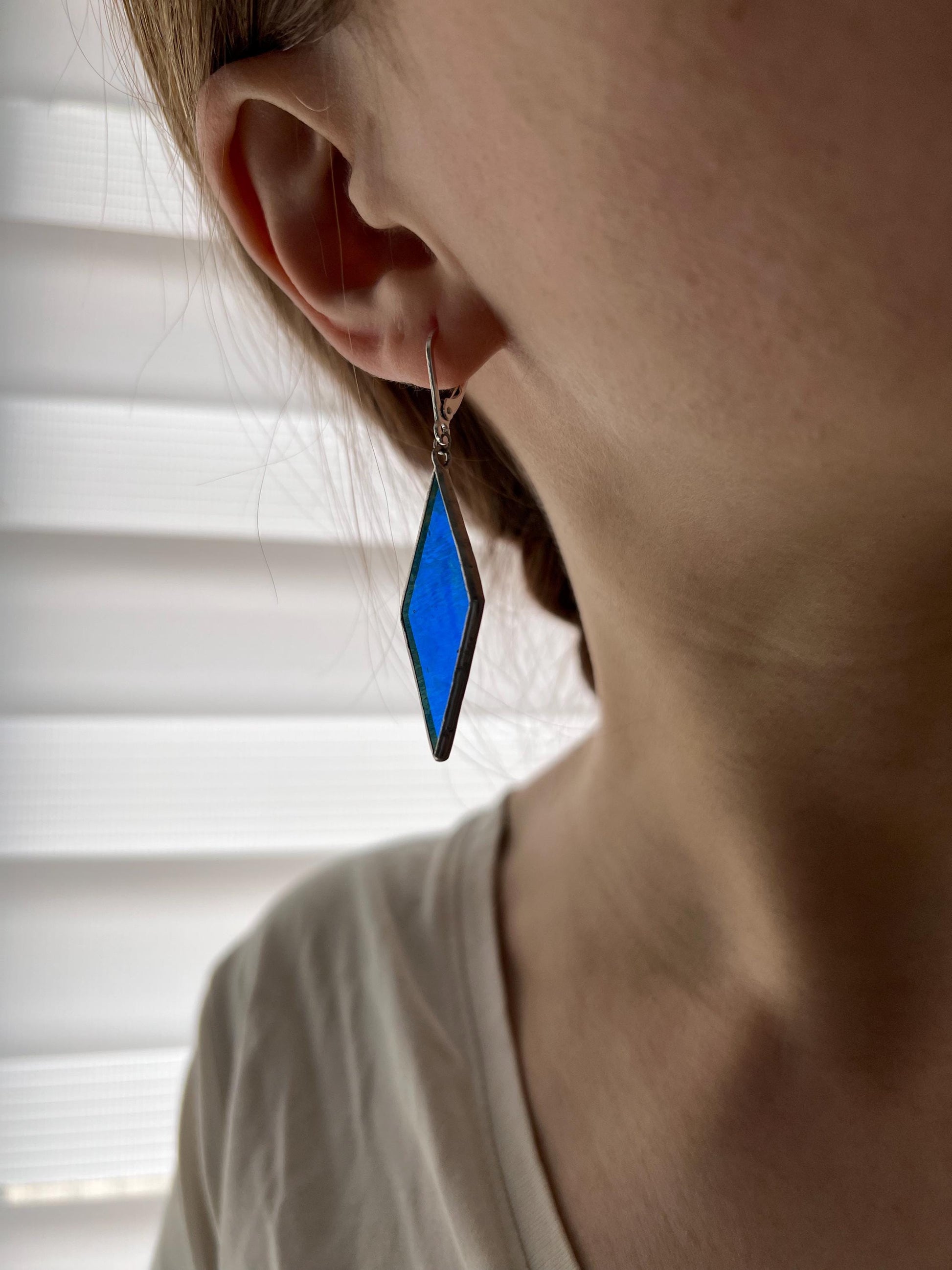 Geometric dangle earrings, blue rhombus earrings, statement chunky earrings, mom gift, stained glass jewelry, modern earrings, gift for her