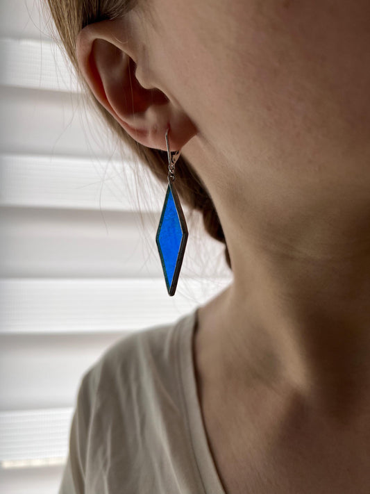 Geometric dangle earrings, blue rhombus earrings, statement chunky earrings, mom gift, stained glass jewelry, modern earrings, gift for her