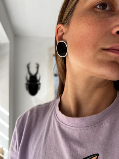 Black Stained Glass Disc Earrings: Geometric Art Glass Studs
