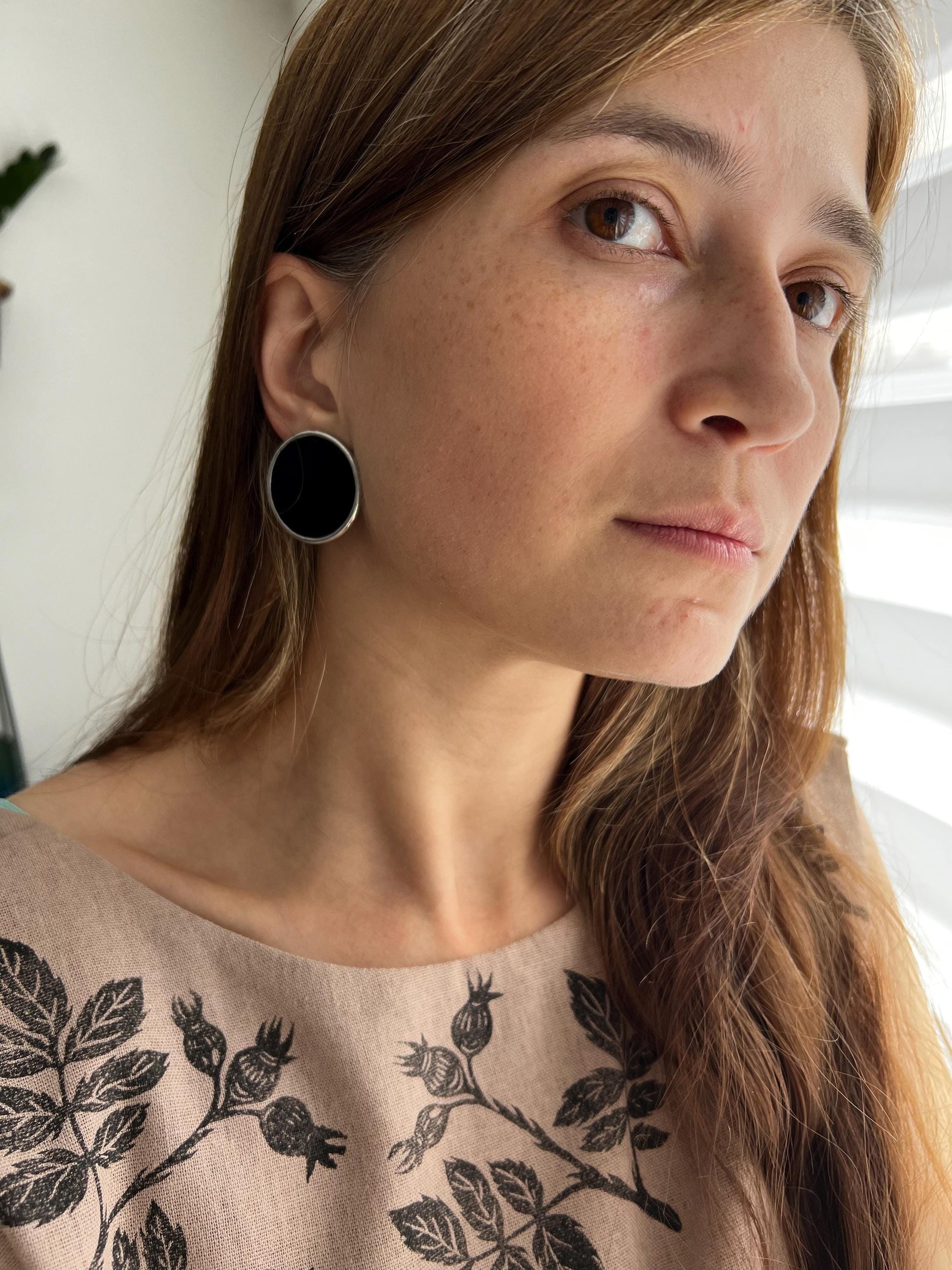 Stained Glass Stud Earrings: Black Geometric Silver 925 Jewelry