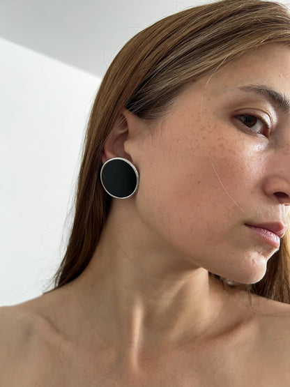 Black Stained Glass Disc Earrings: Geometric Art Glass Studs