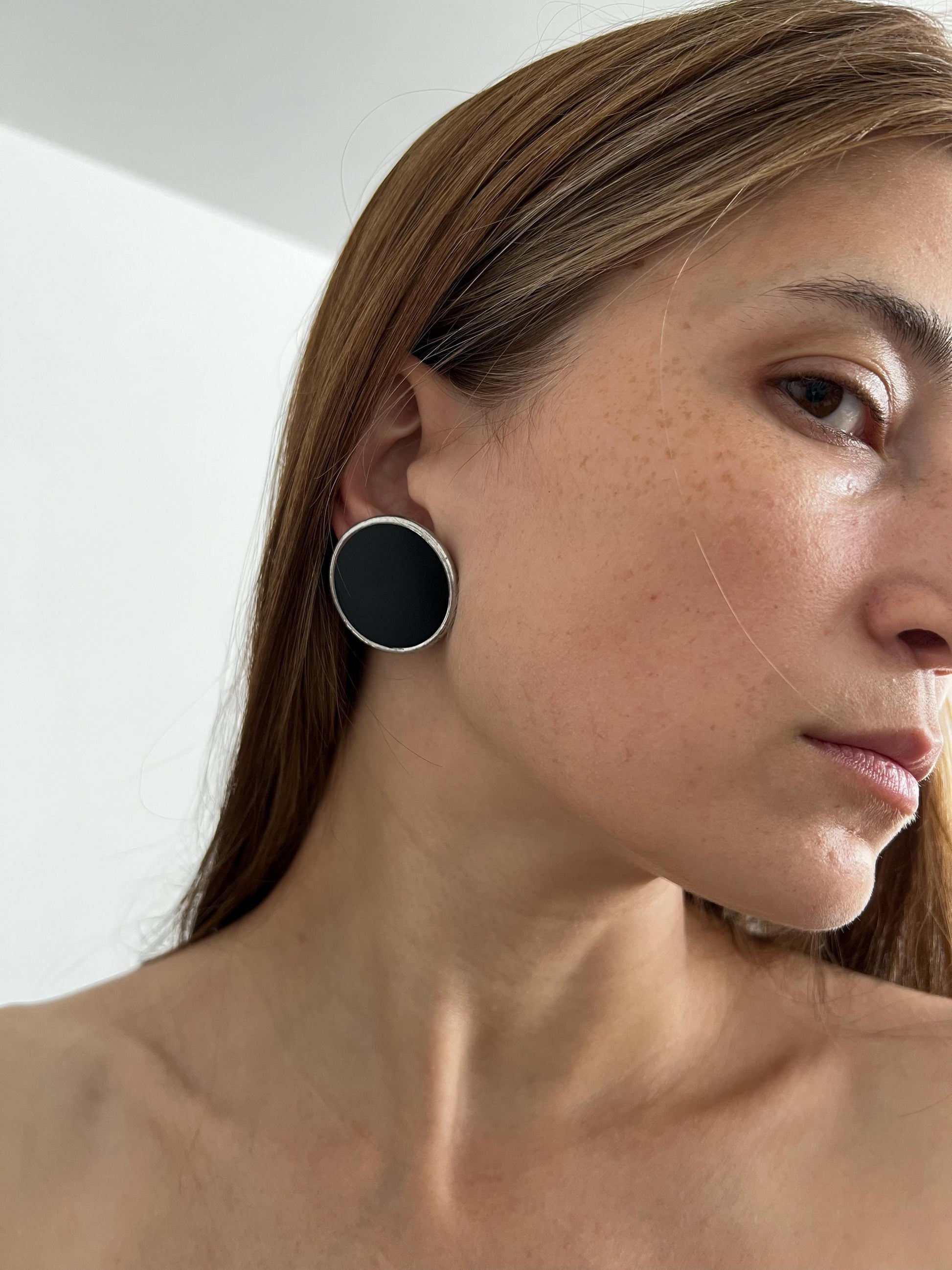 Stained Glass Stud Earrings: Black Geometric Silver 925 Jewelry