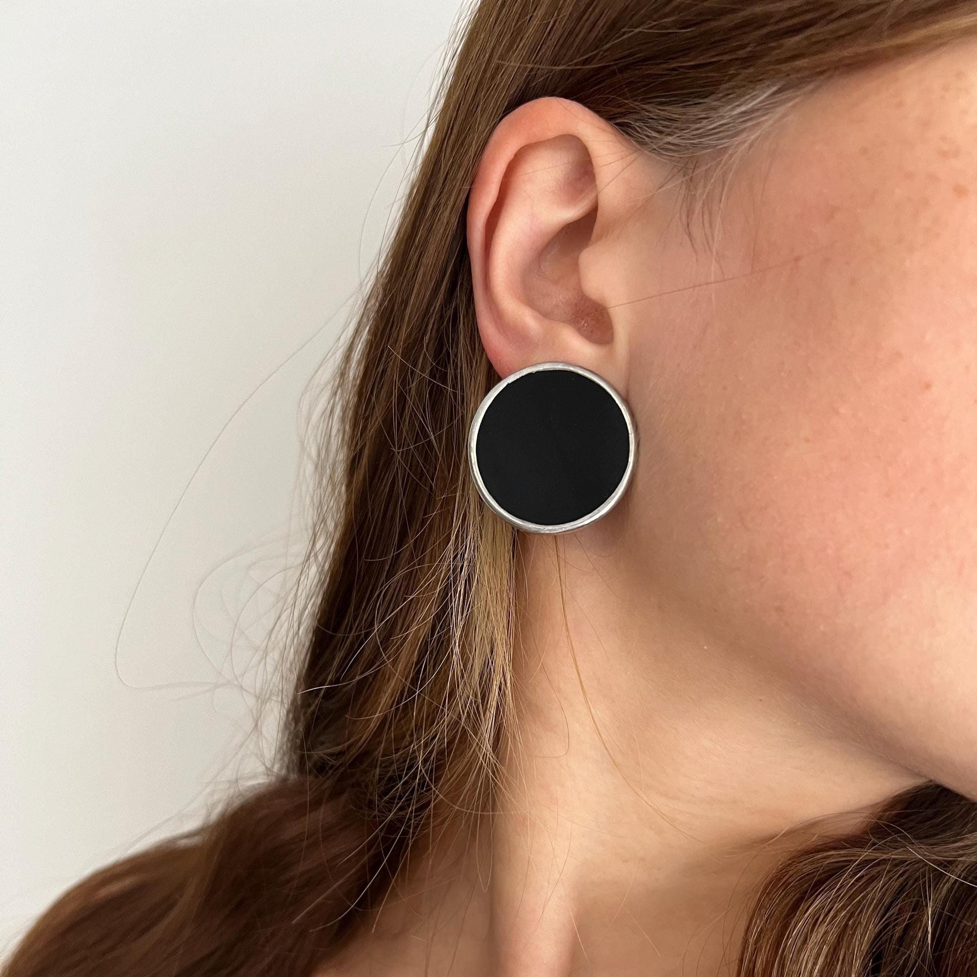 Large black disc earrings, geometric stained glass stud earrings, modern earrings, art glass jewelry, statement circle earrings, womens gift