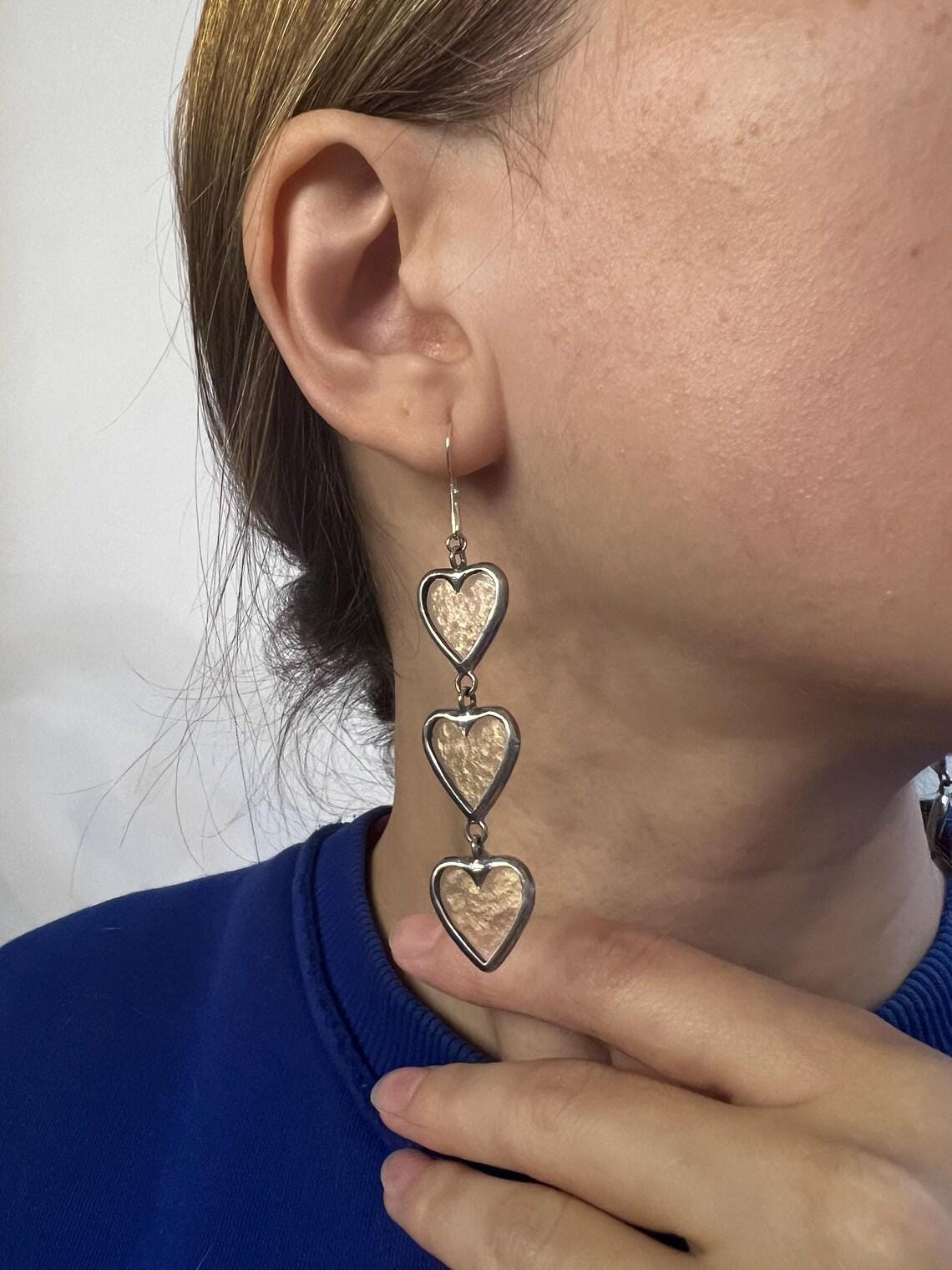 Stained Glass Heart Dangle Earrings: 925 Silver Hooks, Romantic Jewelry
