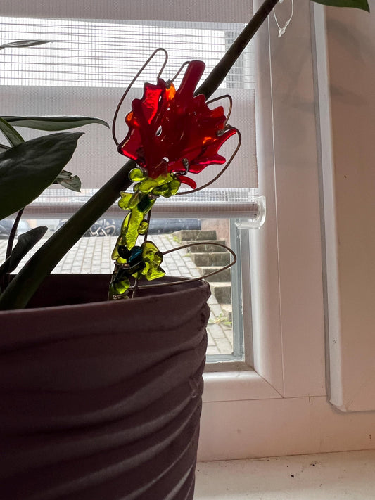 Handmade fused glass flower plant stake red glass pot decoration indoor plants