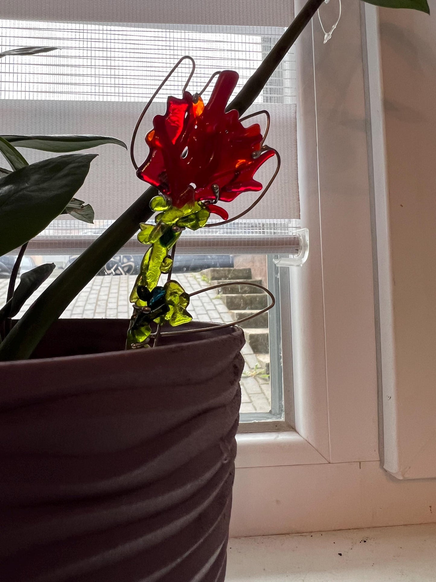 Handmade red fused glass flower stake plant pot accessory everlasting decor