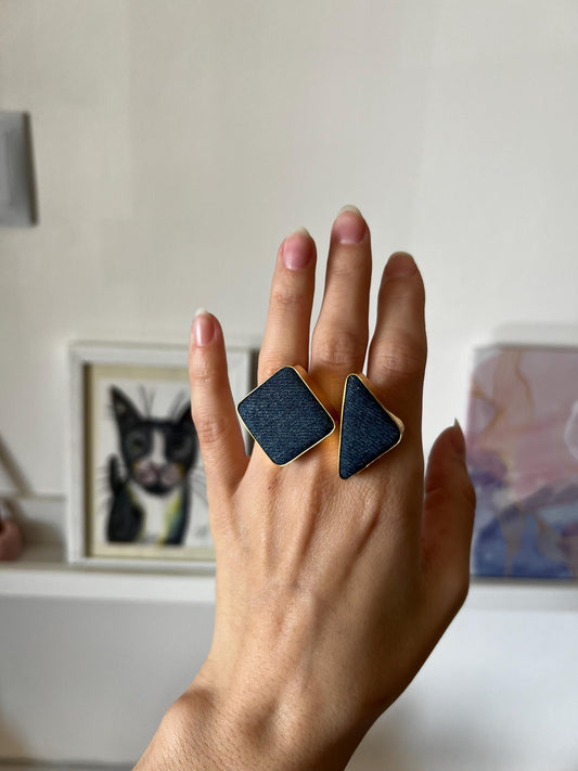 Massive geometric double ring, denim rhombus triangle ring, statement jewelry birthday gift for her, modern chunky ring, gift for women