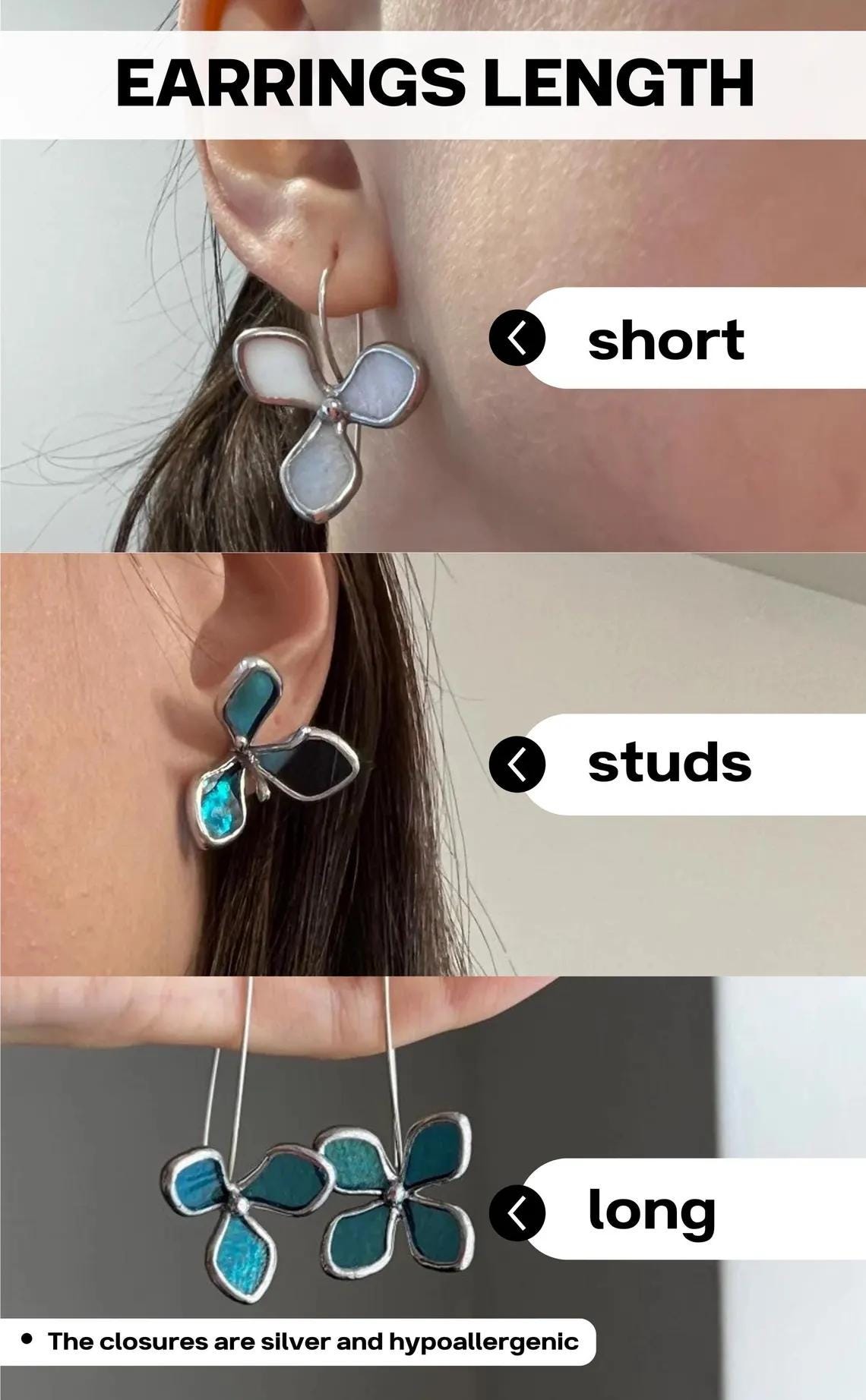 Stained glass flower stud earring worn on ear, blue petals