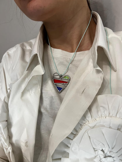 Unique big heart necklace made of stained glass and brass