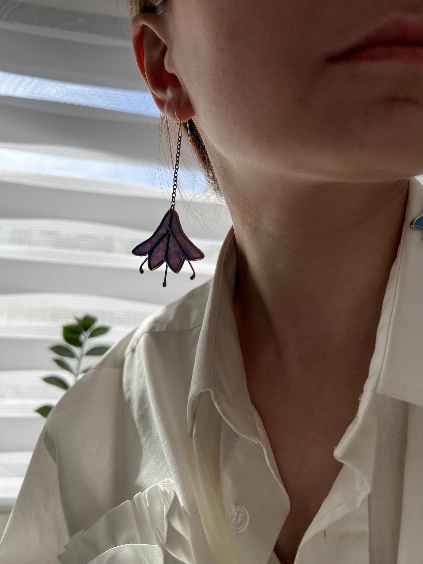 Delicate stained glass earrings in violet shade, cottagecore floral drop design.