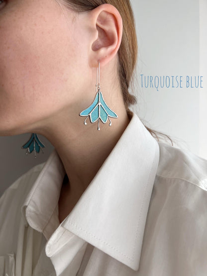 Elegant turquoise blue glass bell flower earrings with silver hooks, handmade statement jewelry.
