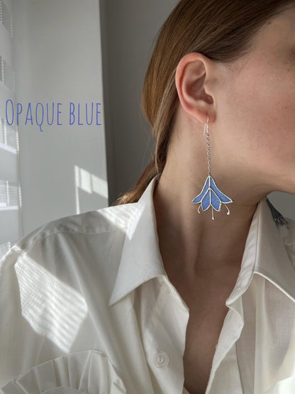 Statement dangling stained glass earrings, eco-friendly handmade design. Opaque blue colour