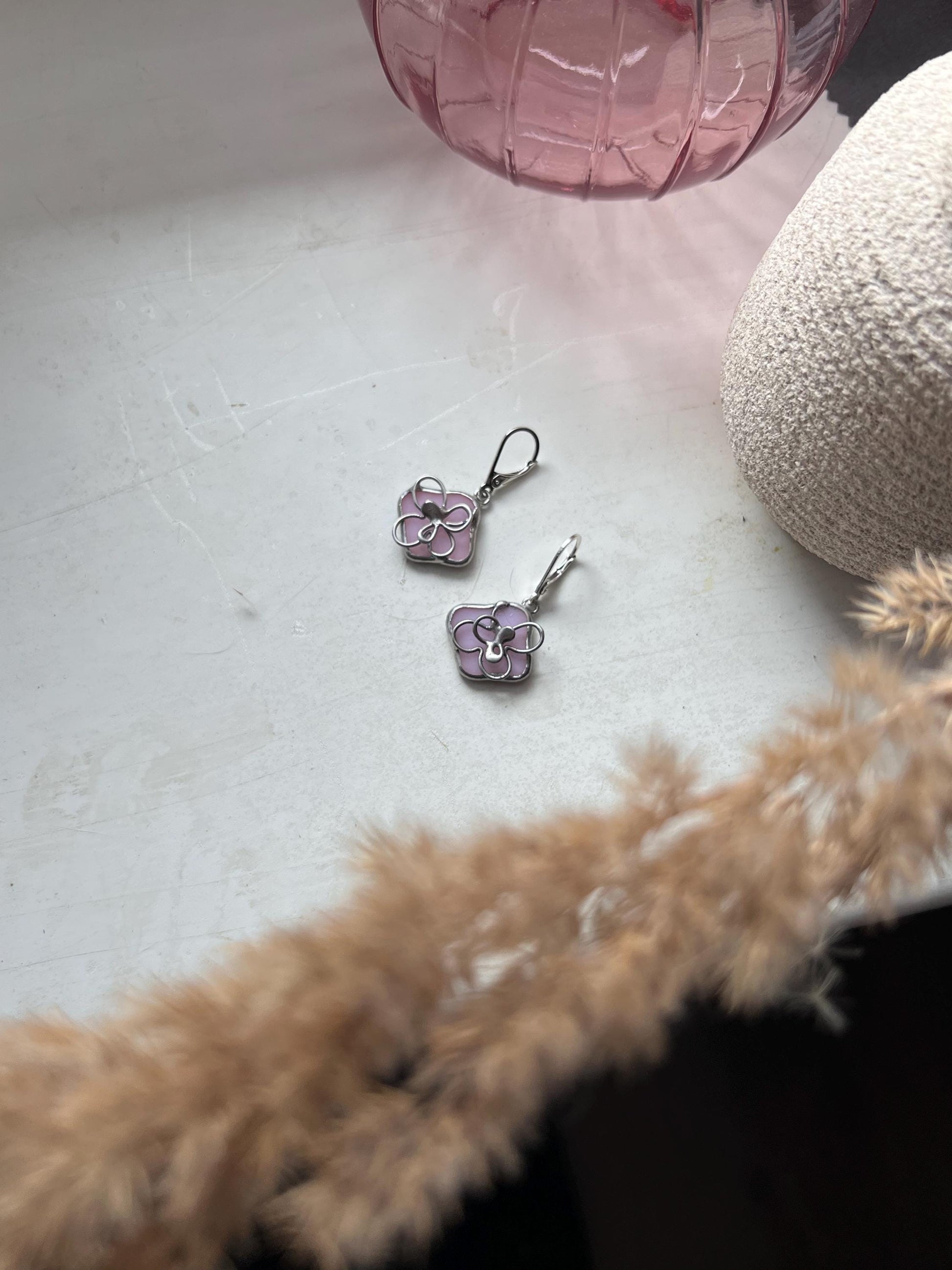 Cherry blossom stained glass earrings, dainty flower earrings, summer botanical jewelry, gift for her, sakura earring, nature lover gift