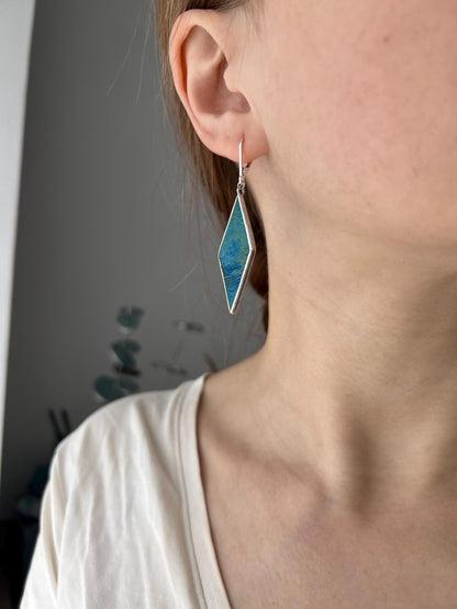 Blue Stained Glass Rhombus Earrings: Modern Geometric Jewelry