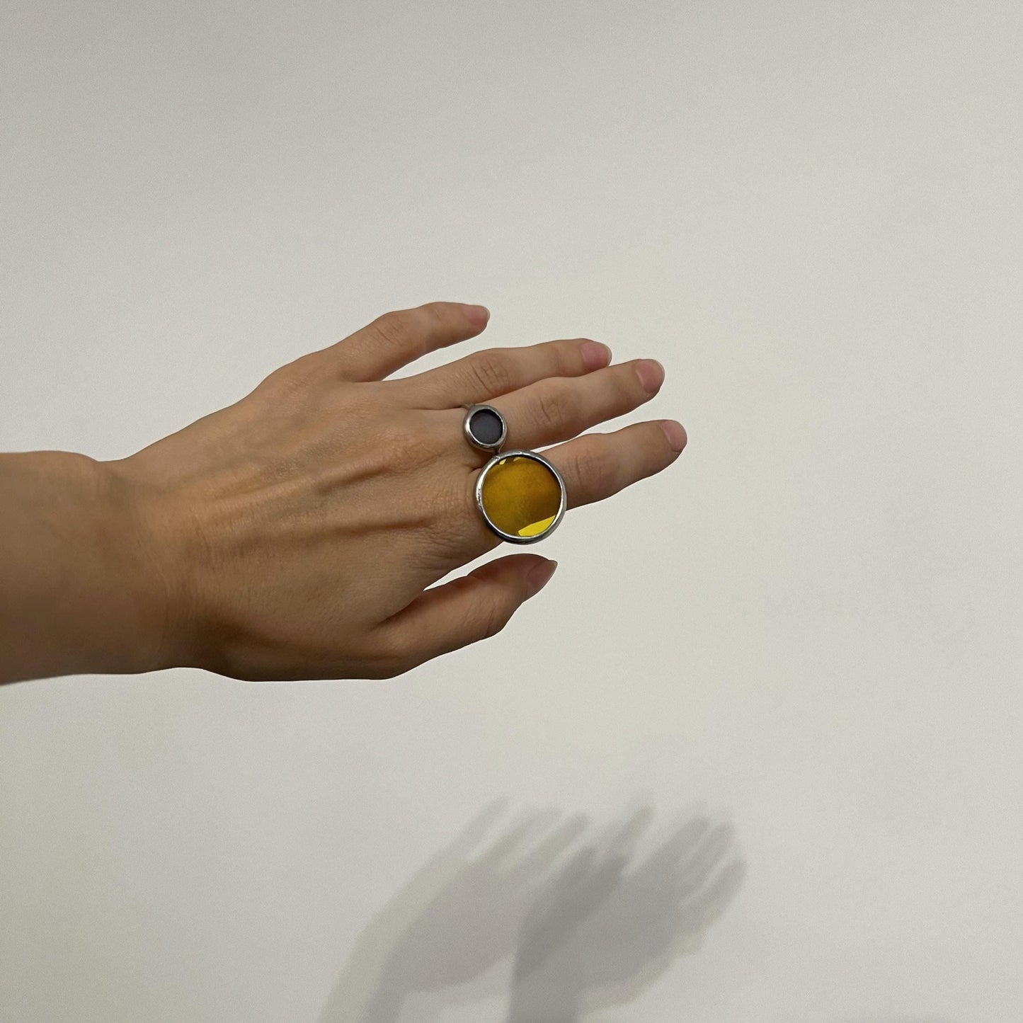 Stained glass ring set, statement geometric ring, triangle round ring, modern blue yellow ring, girlfriend gift, art glass jewelry