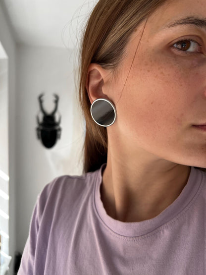 Stained Glass Stud Earrings: Black Geometric Silver 925 Jewelry