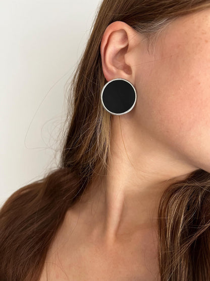Black Stained Glass Disc Earrings: Geometric Art Glass Studs