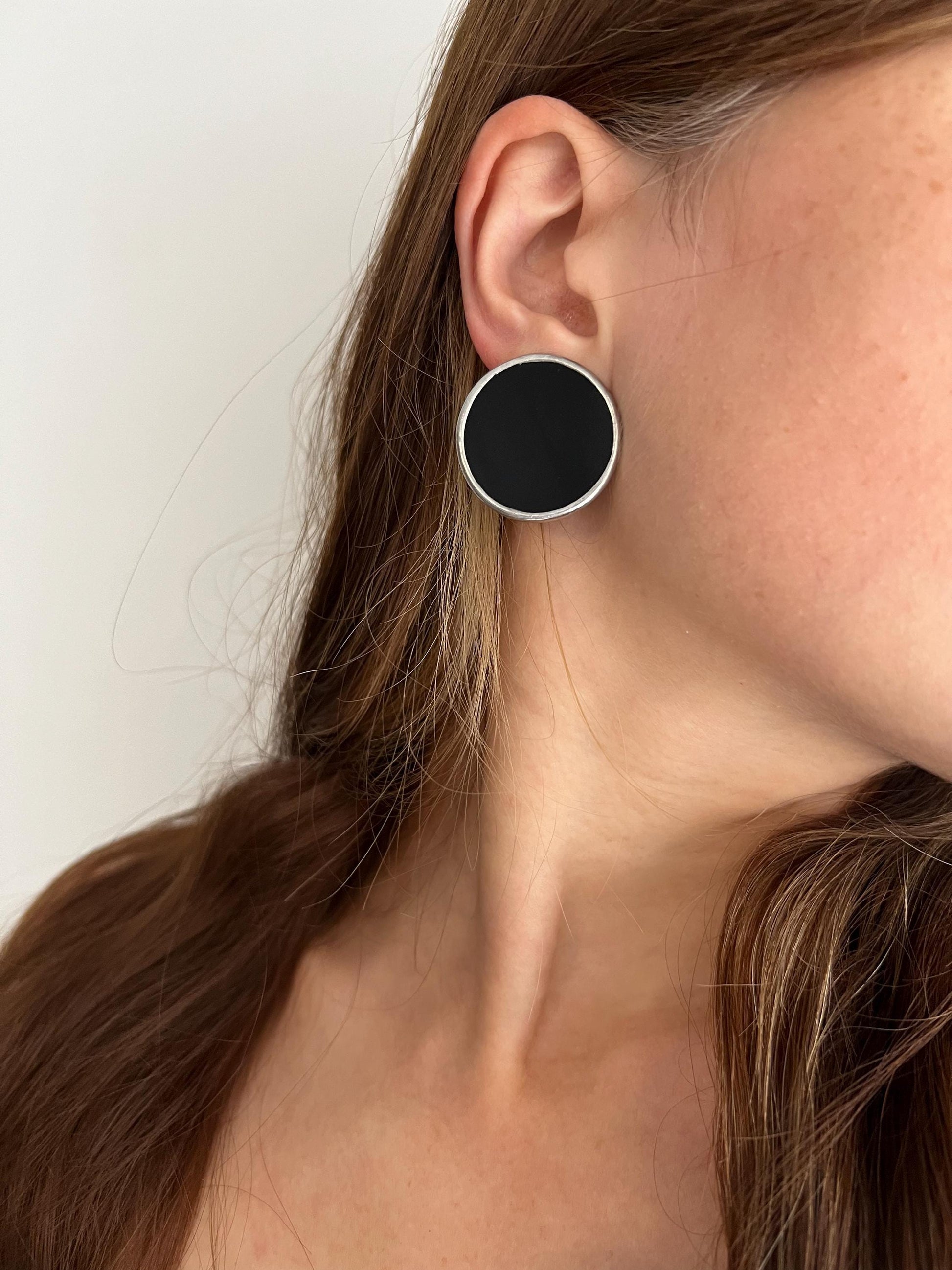 Stained Glass Stud Earrings: Black Geometric Silver 925 Jewelry