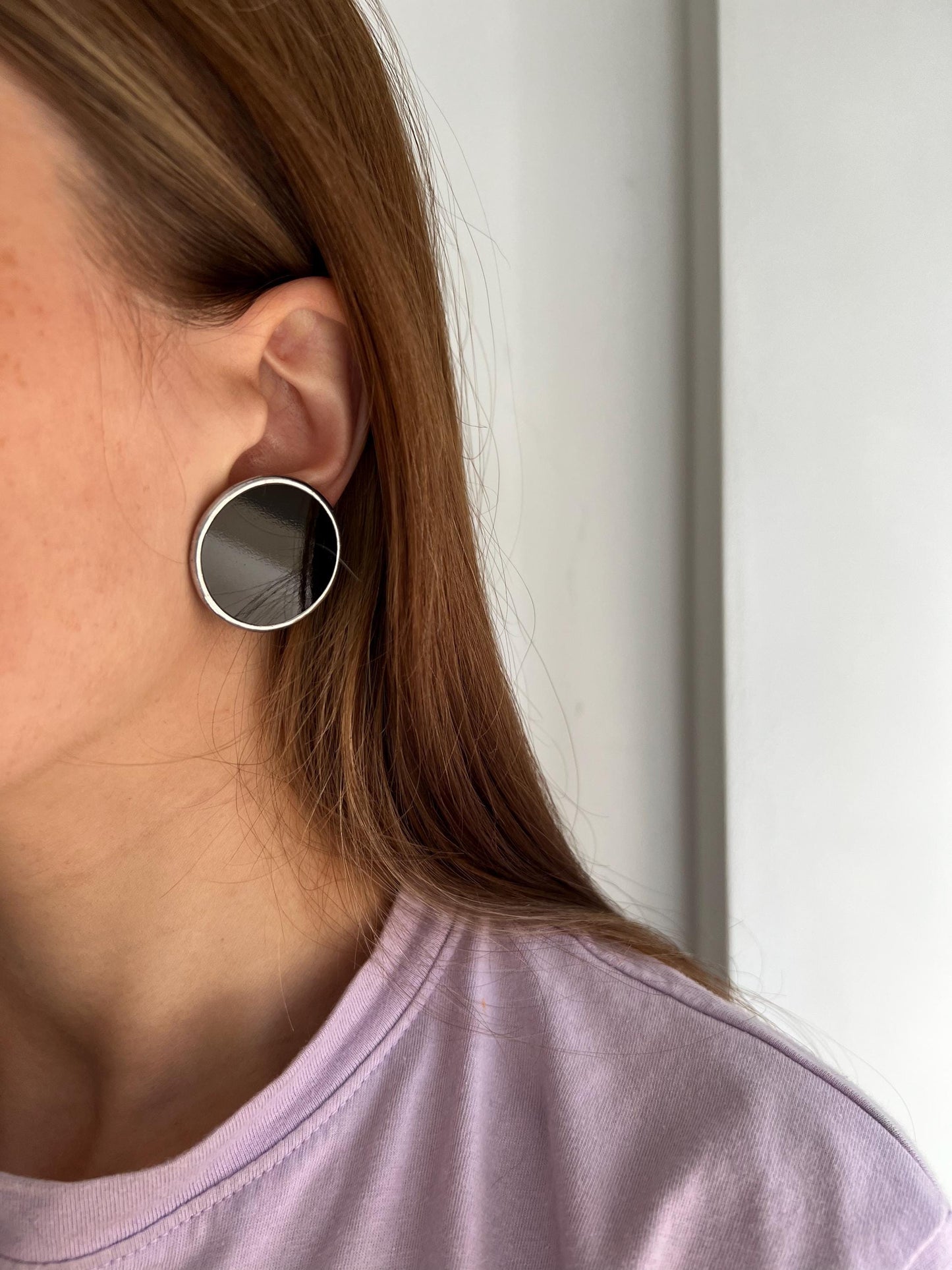 Statement stained glass stud earrings, large black disc earrings, chunky geometric jewelry, birthday gift for her, circle modern jewelry