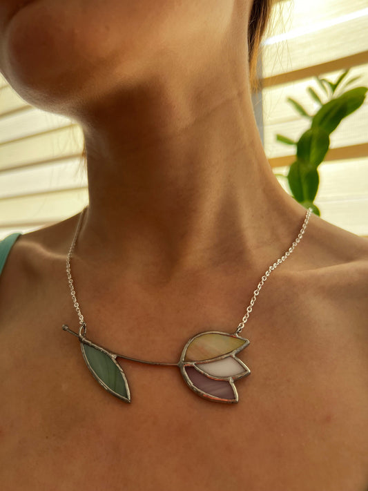 Stained glass tulip necklace, statement flower necklace, large floral pendant, art glass nature jewelry, gift for women, botanical necklace