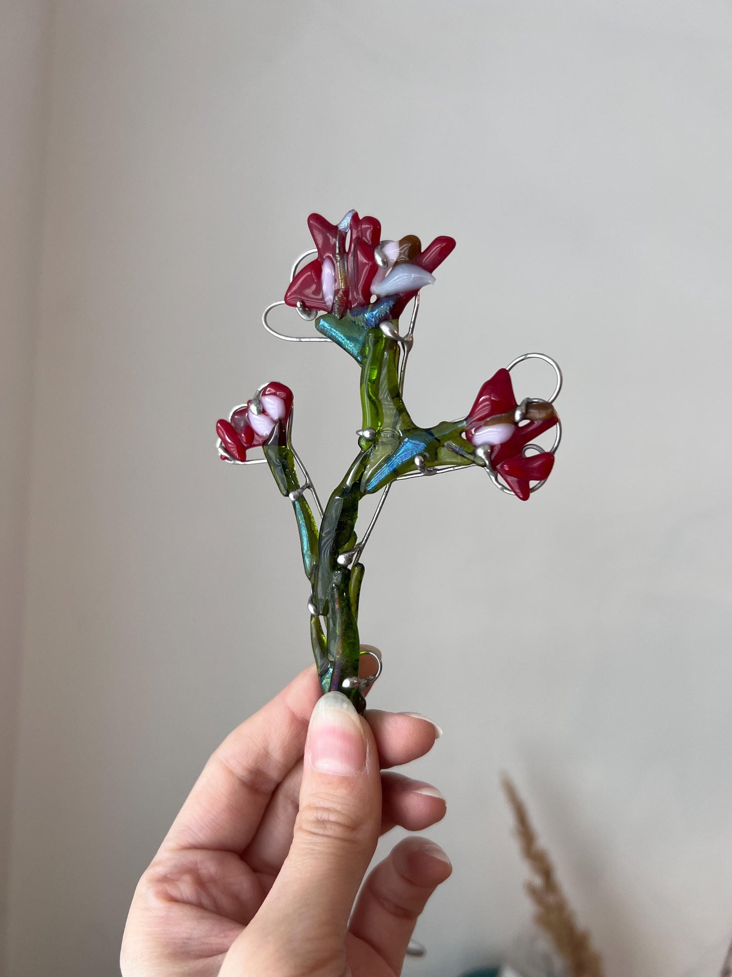 fused glass flower stakes red floral garden decoration unique gift