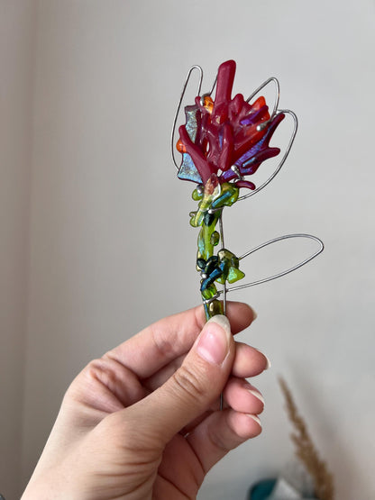 Handmade fused glass red flower garden stake eco friendly plant decoration