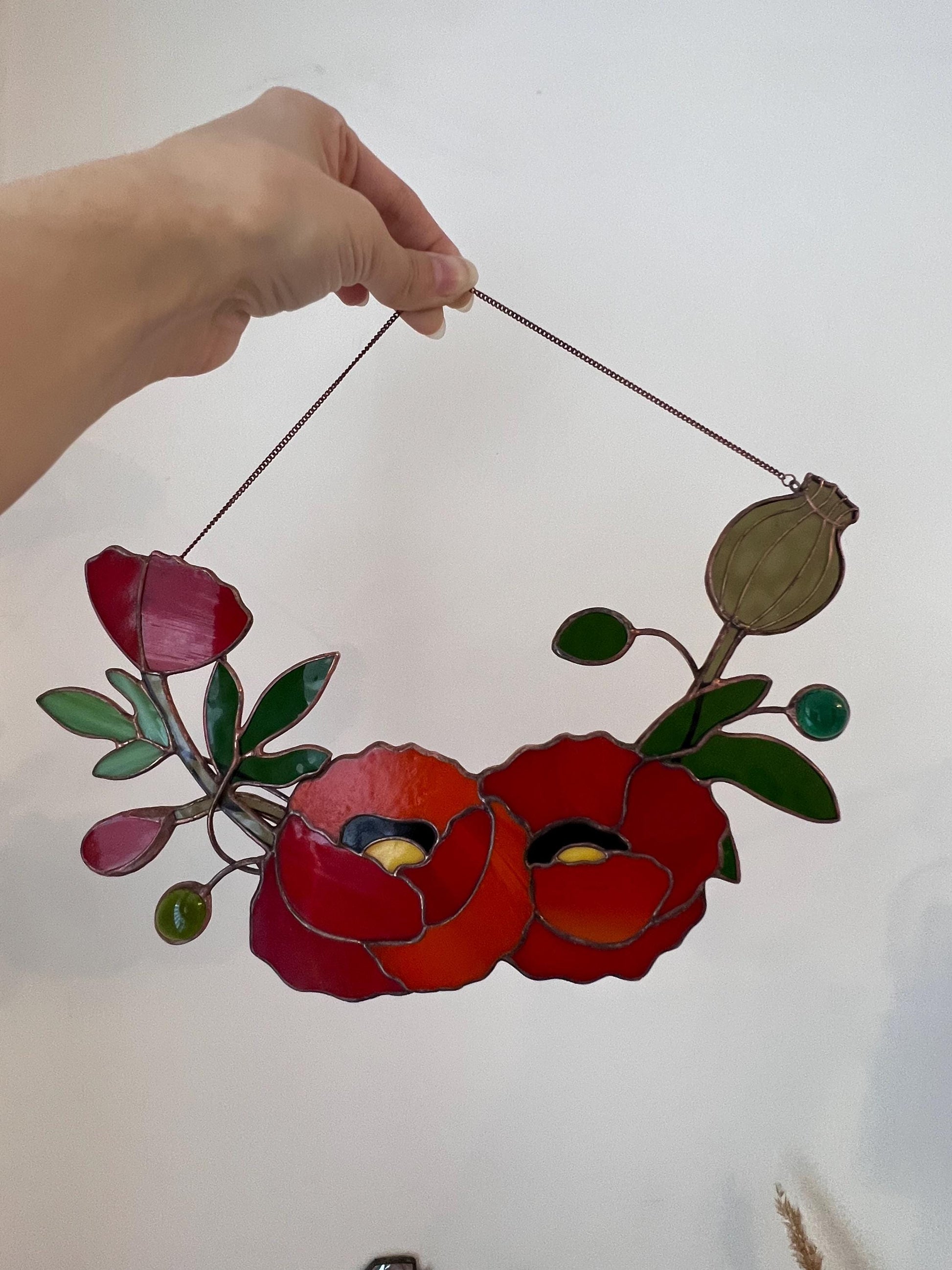 Stained Glass California Poppy Suncatcher: Red Flower Window Decor
