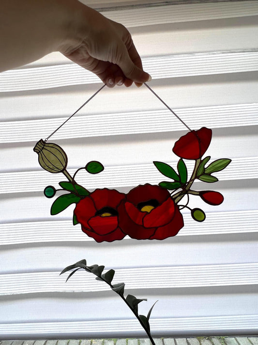 Stained glass poppy wreath, summer flower window hanging, nature wall decor, flower suncatcher ornament, front door decor, grandma gift