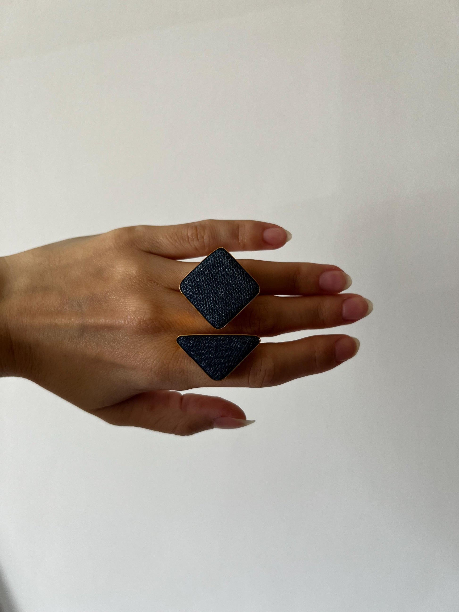 Large Denim Geometric Ring: Chunky Statement Jewelry
