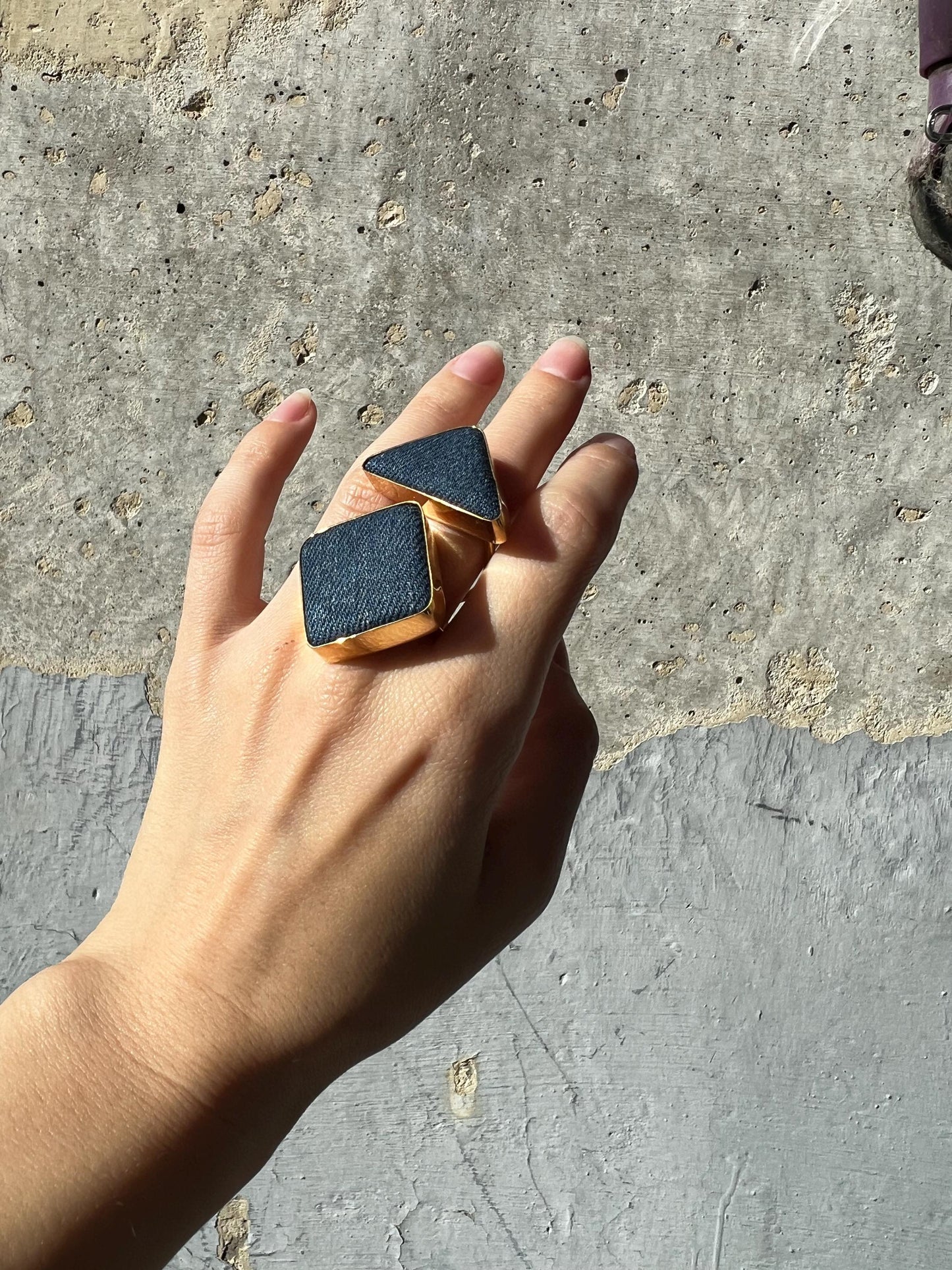 Large denim ring, double geometric ring, massive rhombus triangle ring, unique contemporary jewelry, chunky statement ring, gift for her