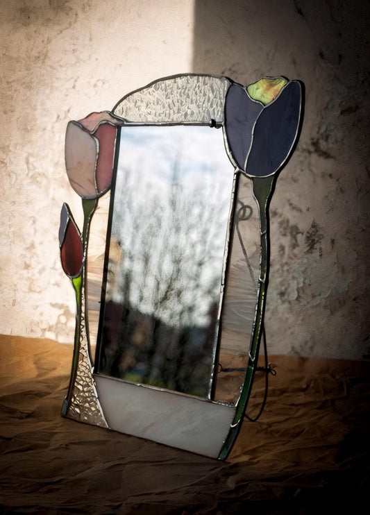 Stained glass tulip mirror makeup vanity table mosaic small flower theme ornament handmade decorative nature lover gift  for the gardener