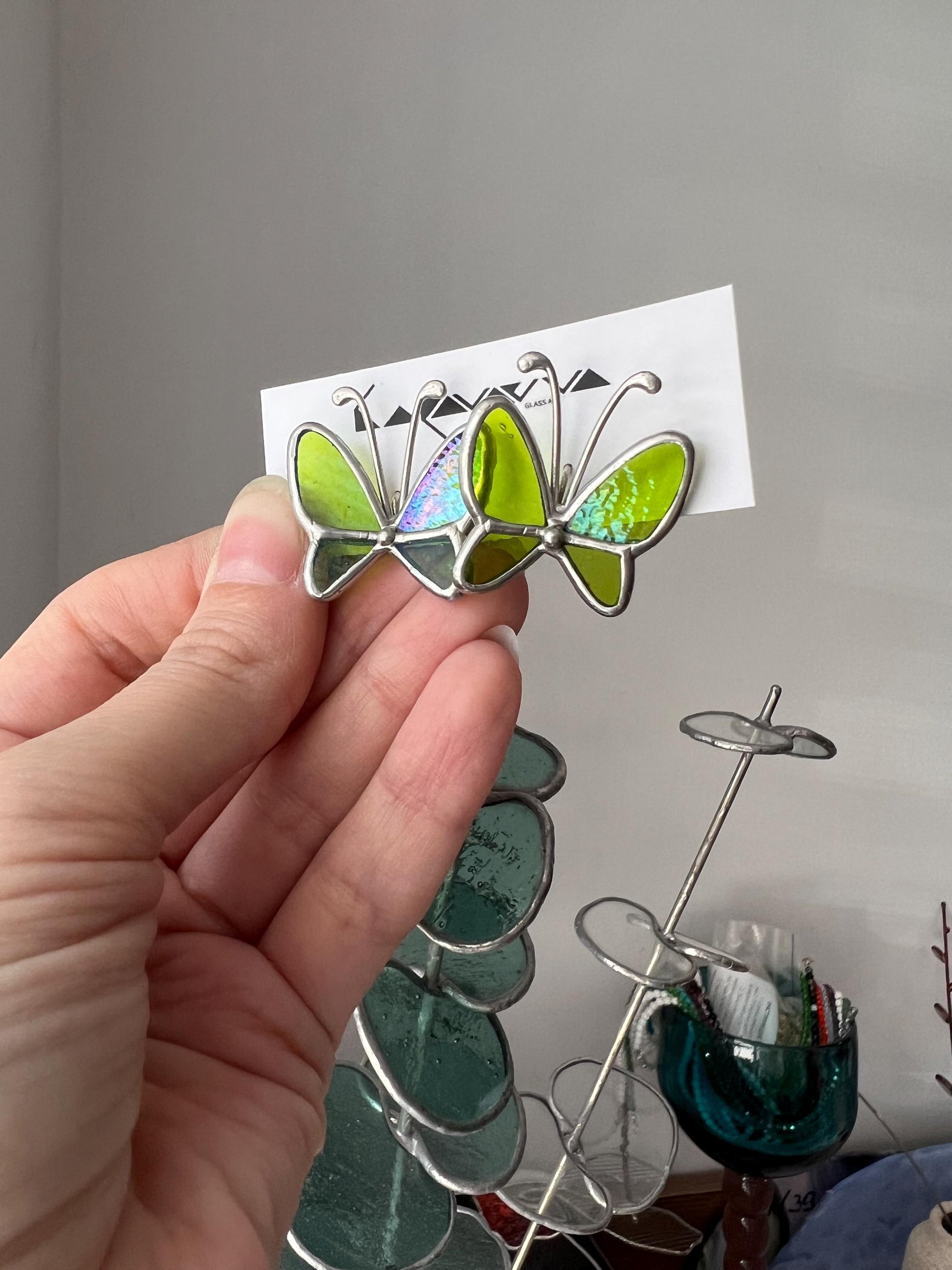 Stained glass butterfly earrings in spring green color