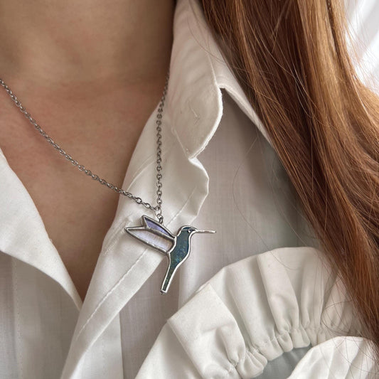 Cute hummingbird necklace, stained glass bird pendant, nature necklace, grandma gift, summer women jewelry, gift for girlfriend