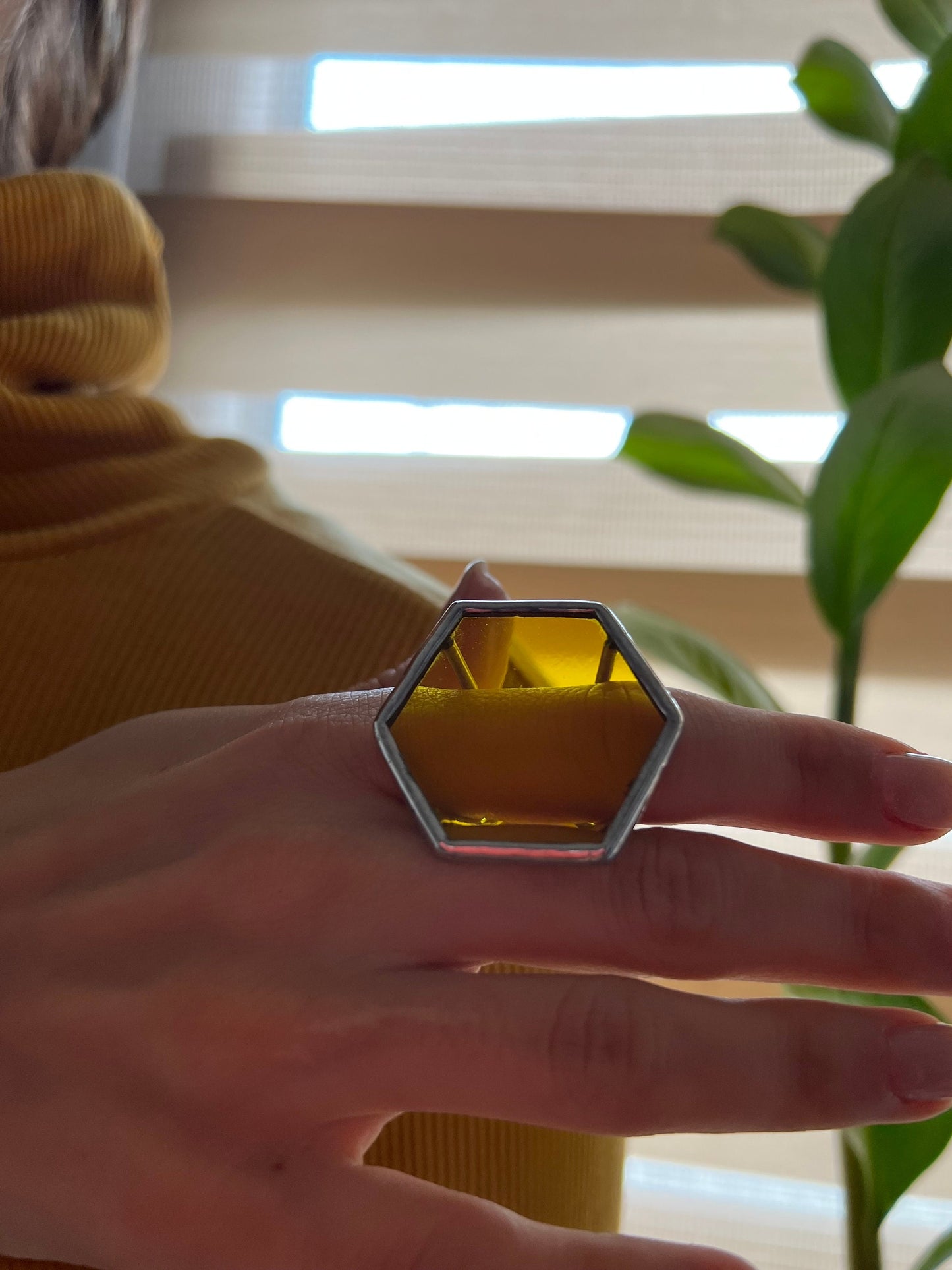 Stained glass yellow honeycomb ring, large geometric ring, statement chunky ring, big pentagon ring, modern jewelry, birthday gift for her
