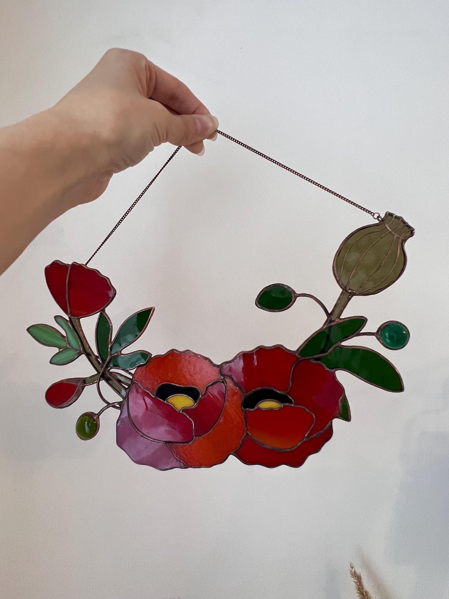 Stained Glass California Poppy Wreath: Floral Window Suncatcher