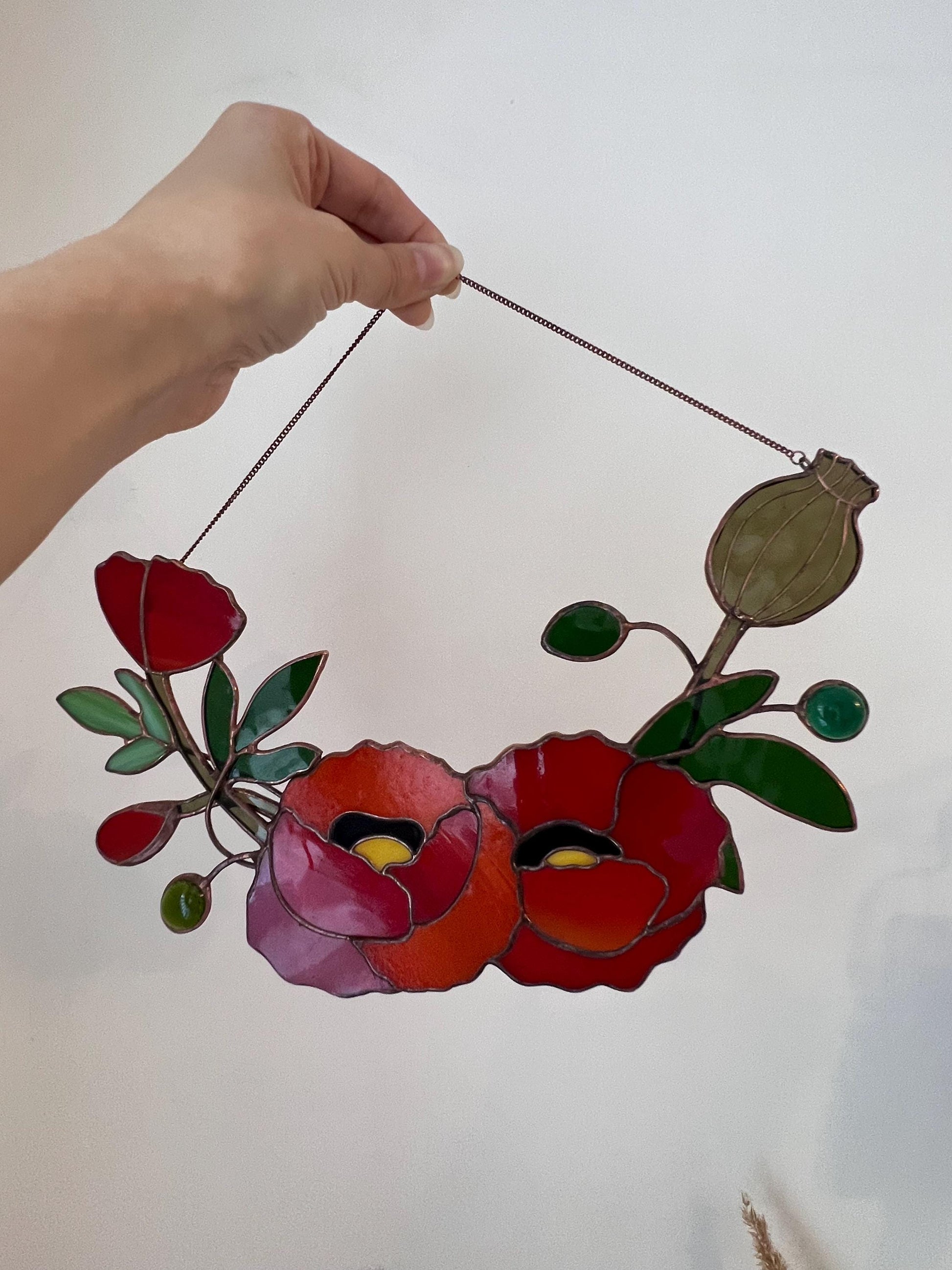 Stained Glass California Poppy Wreath: Floral Window Suncatcher