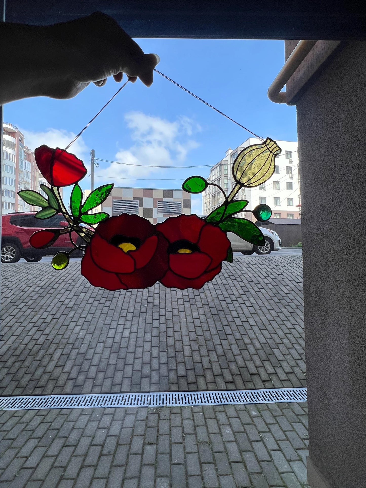 Stained Glass California Poppy Wreath: Floral Window Suncatcher