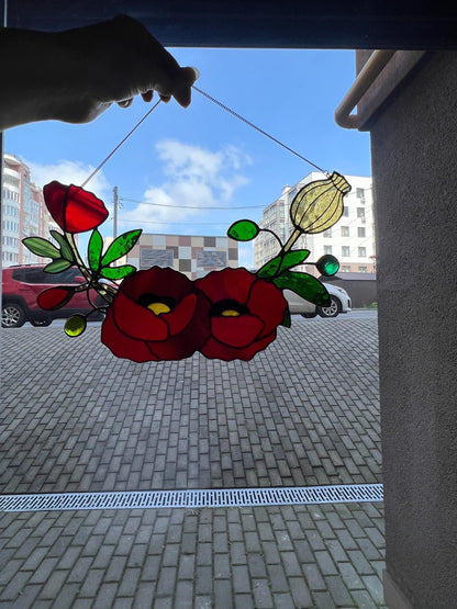 Stained Glass California Poppy Wreath: Floral Window Suncatcher