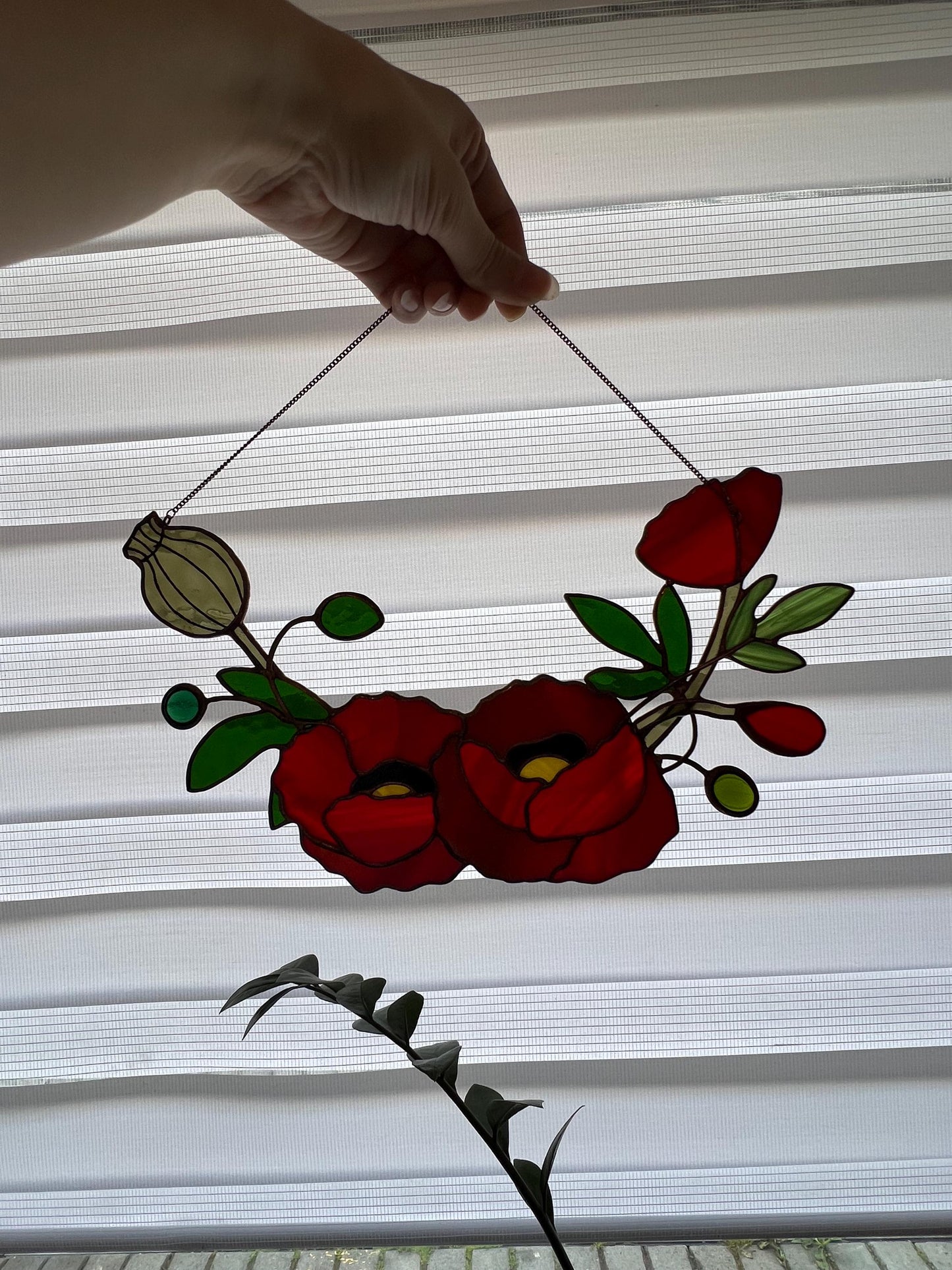 Stained Glass California Poppy Suncatcher: Red Flower Window Decor