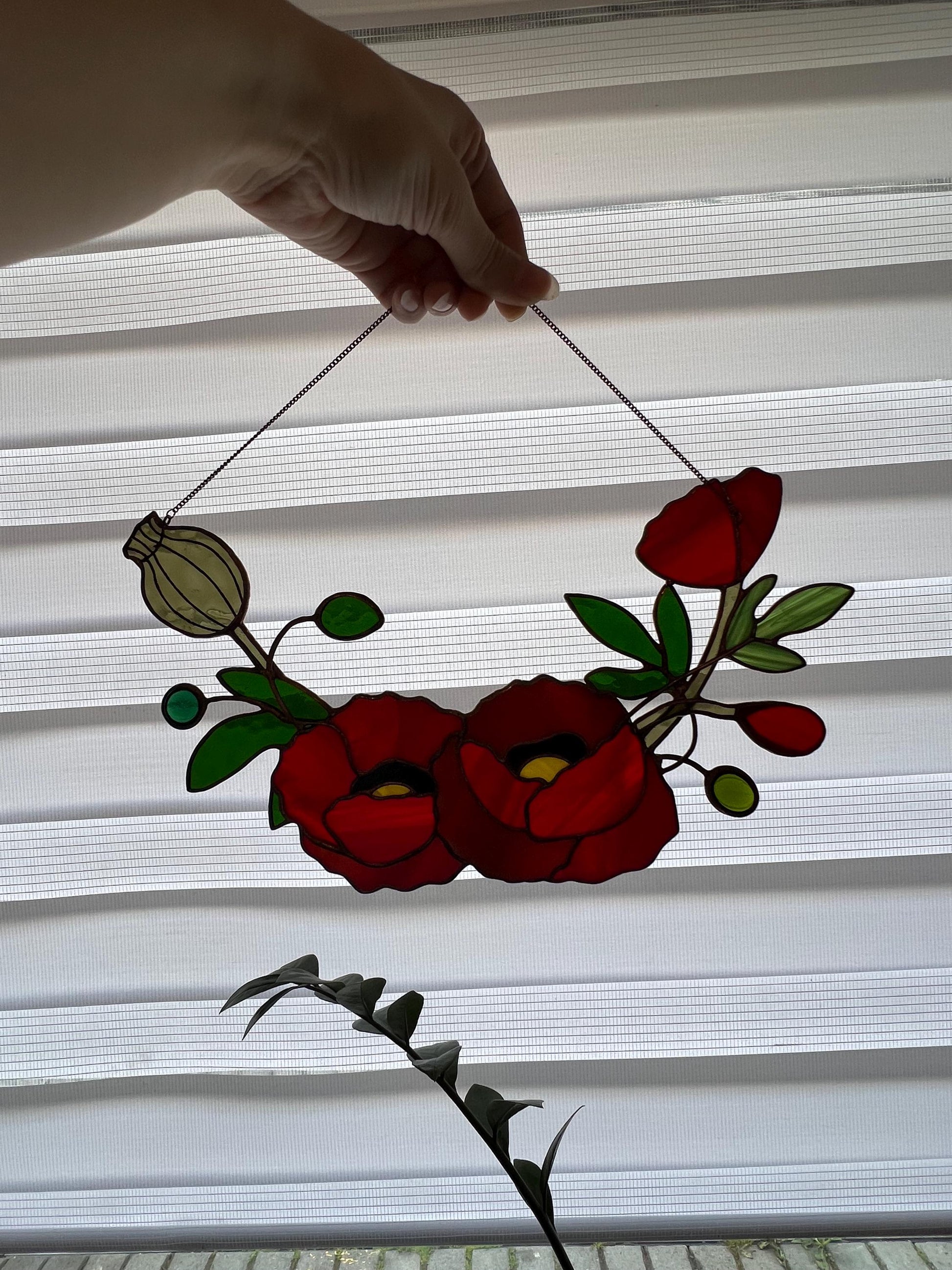 Stained Glass California Poppy Suncatcher: Red Flower Window Decor